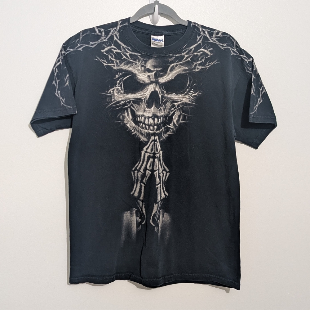 Y2K Gildan Grim Reaper Skeleton Grunge Graphic T Shirt Smoke Mist Prayer Men's M